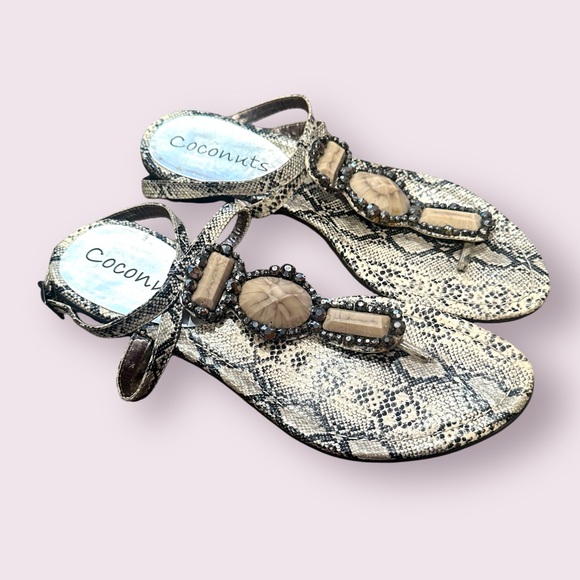 Coconuts Cream and Black Snakeskin Print Sandals with Jewel Details - Picture 5 of 9